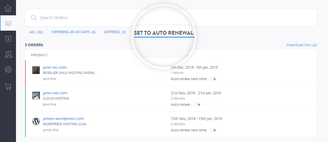 View Auto Renew Orders