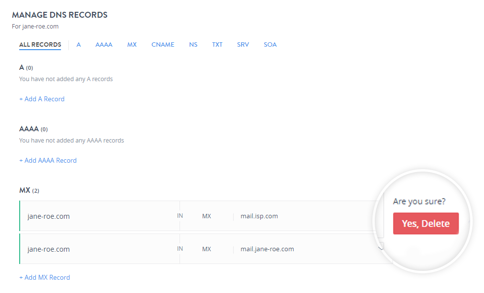 Delete Mx record confirm